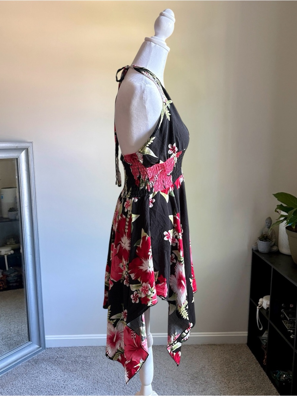 Halter handkerchief hem Floral Dress in Black with Pink Hibiscus - Picture 3 of 7